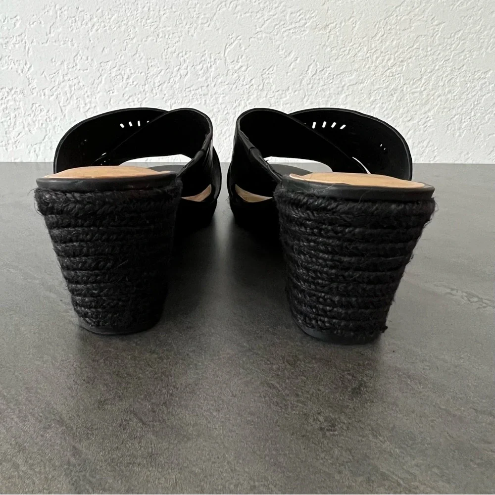 Lucky Brand Black Laser-Cut Leather Wedge Sandals